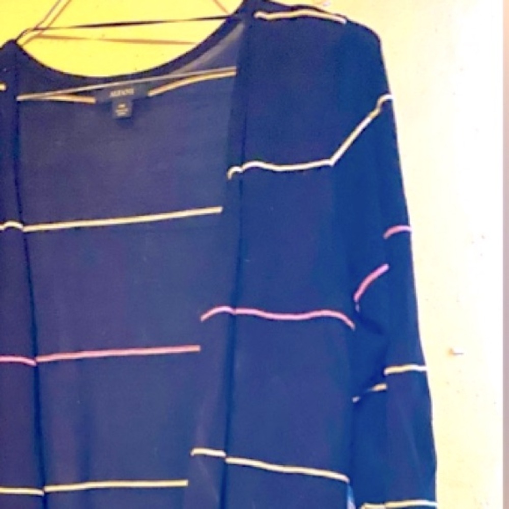 Alfani Wrap Top, Black with Thin Pastel Pink and White Lines, Size PM